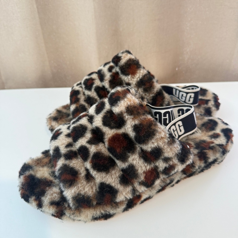 UGG Fluff Yeah Slide Leopard Print Brown Black Elastic Logo Strap Slippers